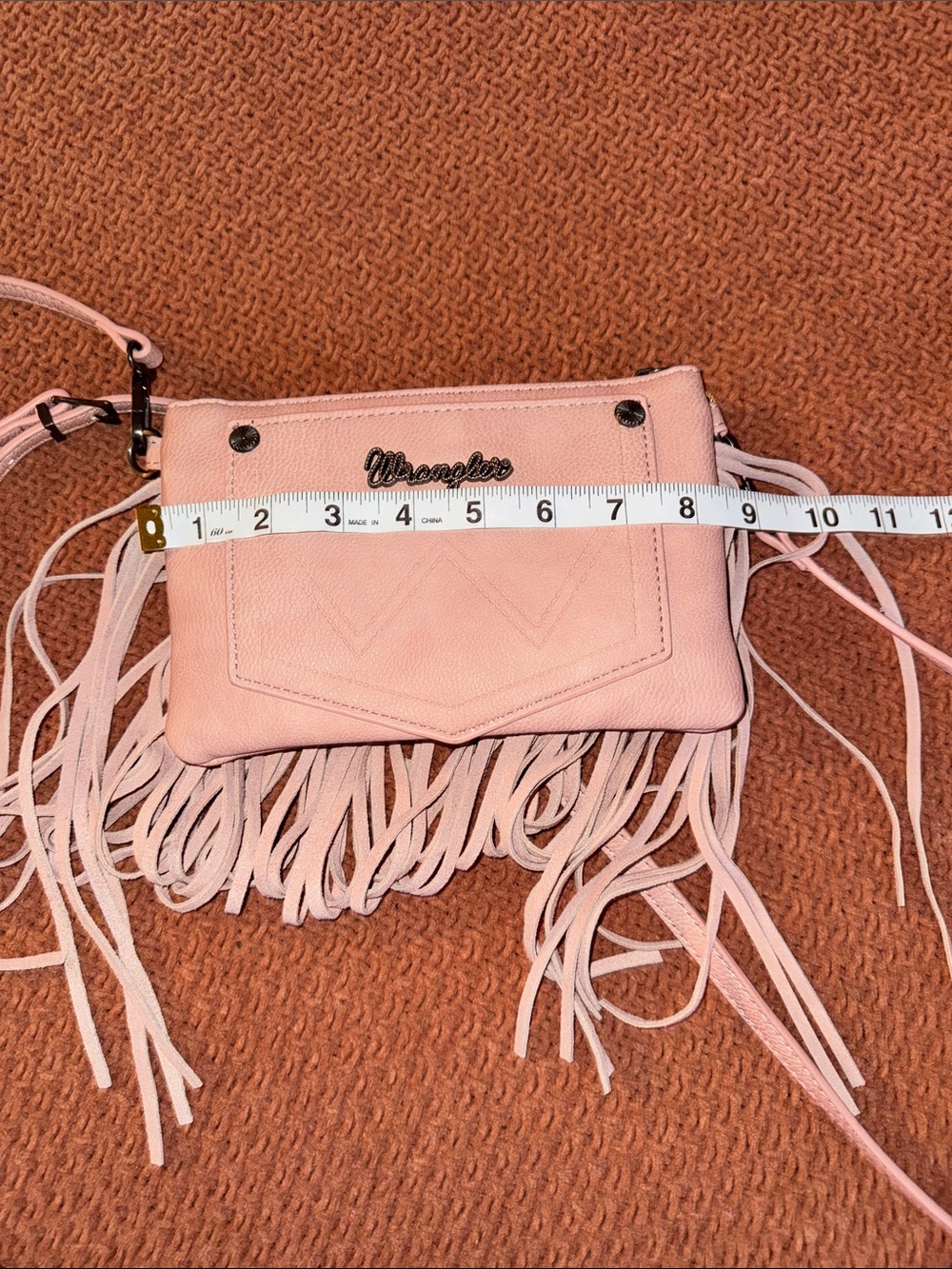 Wrangler Pink Floral Fringe Crossbody Purse with Taupe Fringe - Picture 11 of 12